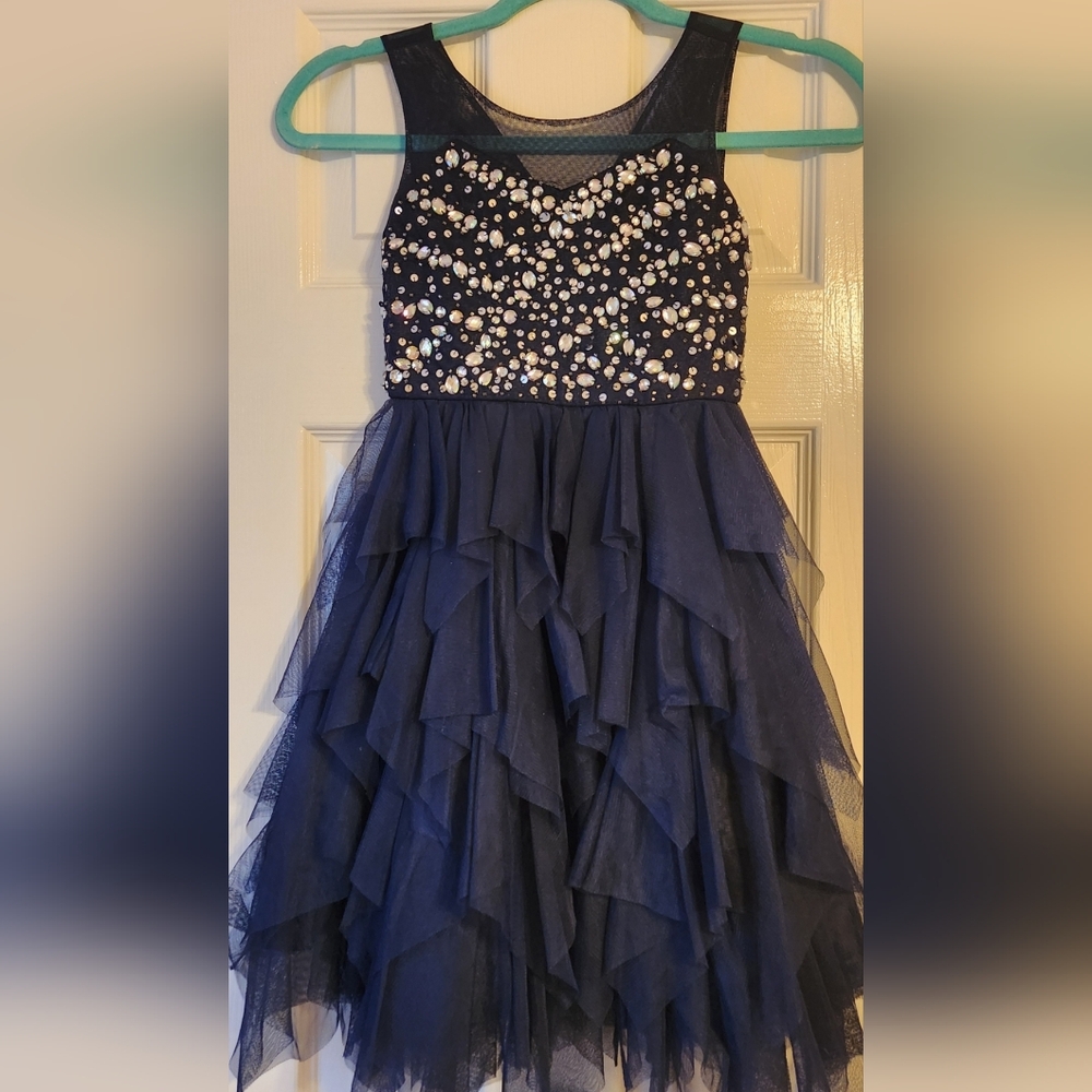 Elegant Navy Kids Dress with Rhinestone and sequins Embellishments